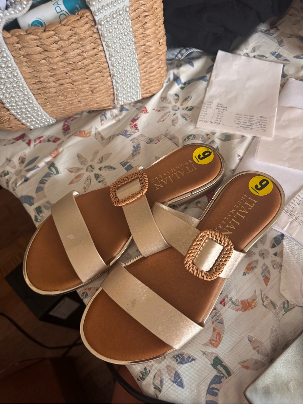 Alara Champagne Slide Sandals with Woven Buckle Accent